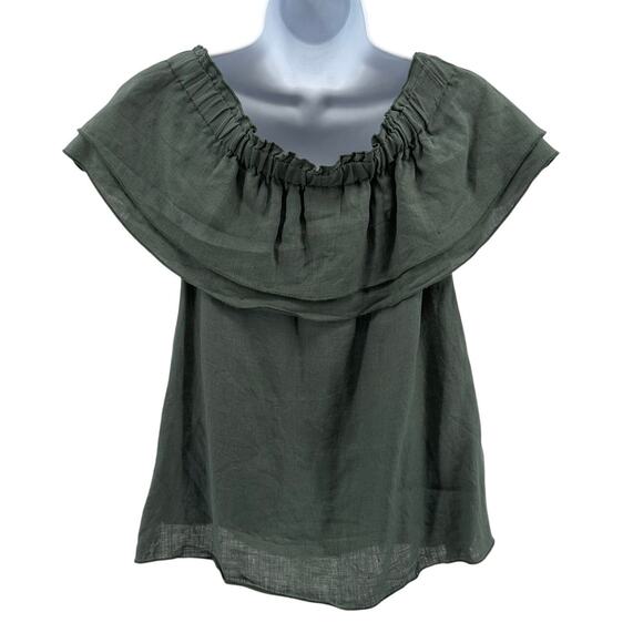 Young Fabulous and Broke Linen Blouse SZ Green Off Shoulder Pullover Ruffle Boho - Picture 4 of 7